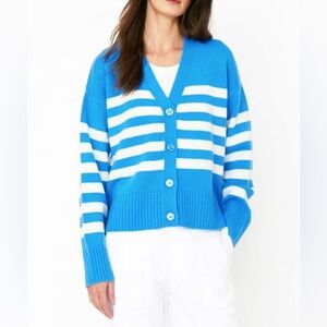 KULE The RAFFA AZZURRO Cardigan Sweater Blue Cream Striped V Neck Cashmere L